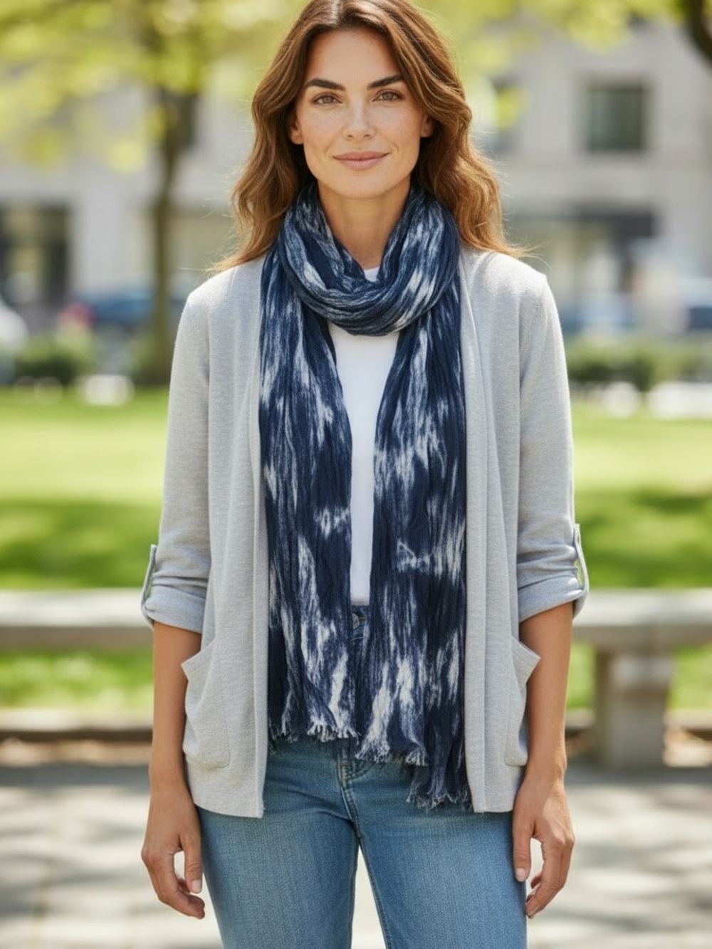 Blue White Abstract Print Lightweight Fringe Scarf Wrap Shawl 85x27